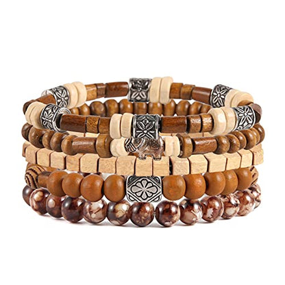 HZMAN Handmade Hemp Cords Wood Beads Leather Bracelets for Men Women - style: Elephant