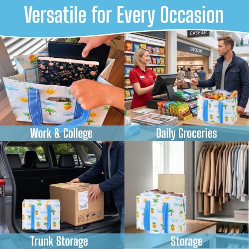 VENO 4 Pack Utility Tote Reusable Grocery Bags with Zipper & Hard Bottom - color: Tropical Island, size: 4 Pack