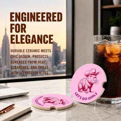 Pink Western Capybara Car Coasters, Let's Go Girls Coquette Cup Holders, 08 - color: Pink Capybara