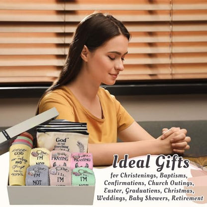 Funnymoom 24 Pcs Christian Church Gifts Bulk for Women 24 oz Boho Religious Plastic Tumbler Cup Bible Verse Makeup Cosmetic Bag Crew Sock Inspirational Keychain for Church Volunteer VBS Sunday School - style: Modern Boho Christian