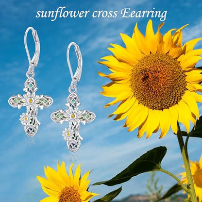 ONEFINITY Cross Earrings 925 Sterling Silver Sunflower Cross Dangle Earrings Religious Jewelry Gifts for Women