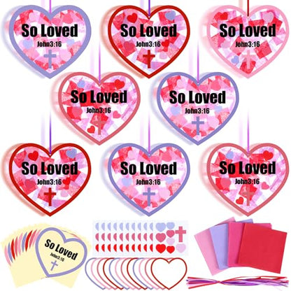 Lunmon 24 Pcs So Loved John3:16 Christian Valentine Crafts Religious Valentine Suncatchers Ornaments DIY Heart Stained Glass Kit Window Art for Church Party Vbs with Ribbon and Stickers - style: Heart