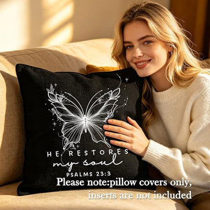 Christian Psalms 23:3 Pillow Cover 18x18, Black Linen-Textured Fabric, He Restores My Soul Bible Verse Butterfly Design, Religious Present for Christian Believers & Faithful Friends - color: Black-03