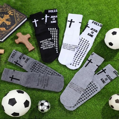 4 Pairs Cross Grip Soccer Socks, Us Size 6-12 - color: Black, White, Light Gray, Dark Gray, style: Bible Verse