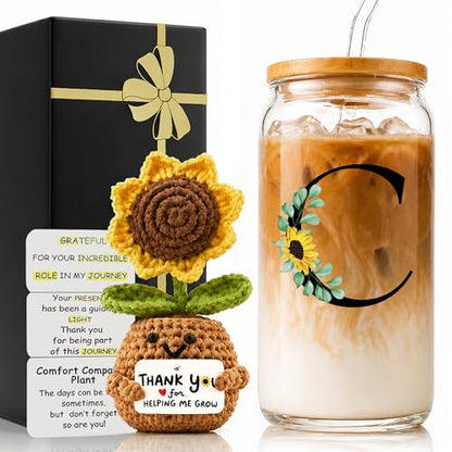 2 in 1 Personalized Glass Drinking Cup and Sunflower Doll for Women Men Manager Supervisor National Boss Day Lady Birthday Appreciation Cool Farewell Leaving Christmas Holiday Gifts Funny Unique C - style: Initial-C