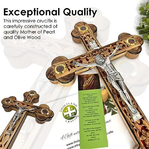 iHoly Land Crafts Mother of Pearl Olive Wood Crucifix Wall Cross, 9" x 6" - size: 9"L x 6"W
