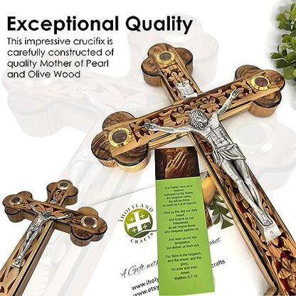 iHoly Land Crafts Mother of Pearl Olive Wood Crucifix Wall Cross, 9" x 6" - size: 9"L x 6"W