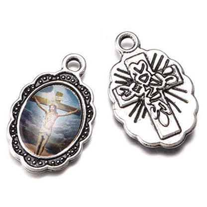 60pcs Mix Picture Enamel Our Lady Miraculous Medal Floral Rosary Centerpiece Cross Jesus Virgin Mary Catholic Alloy Crucifix Charms for Jewelry Making 19mmx12mm (A508)