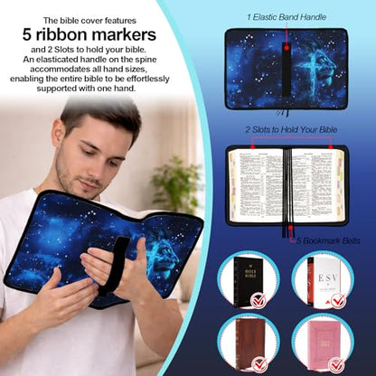 Lion Cross Large Bible Cover Case for Men, Bible Bag for Men Organizer with Strap & Handle Zipper Pocket, Bible Study Supplies Journaling Kit with Pens Highlighters Tabs Christian Gift - color: Lion Cross