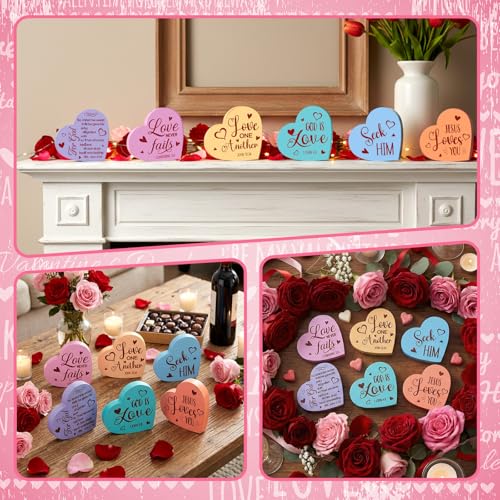 Funnymoom 6 Pcs Valentines Day Decorations Wooden Sign Christian Valentines Day Table Decorations Wood Heart Table Centerpiece Religious Bible Verses Tabletop Decor for Home Kitchen Office Desk Decor