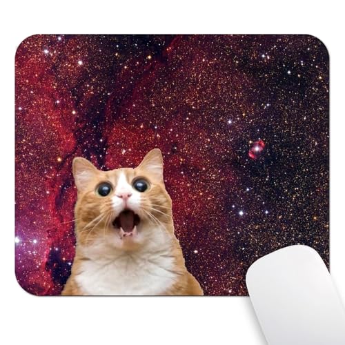 Surprised Space Cat Meme Mouse Pad, Funny Cosmic Kitty Red Nebula Desk Mat - color: Brown Dark Red