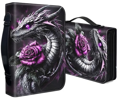 Bible Cover for Women Large PU Leather Zippered Bible Case with Handle and Black Dragon Rose Design, Christian Bible Cover for Girls & Women, Cover Fits Standard 9.5"x7.5"x2.3" Bible - color: Black Dragon Rose