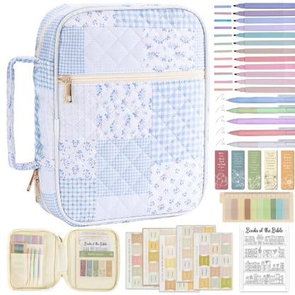 Bible Bag Cover Case for Women Study Supplies Kit Church Book Holder - color: Blue Patchwork