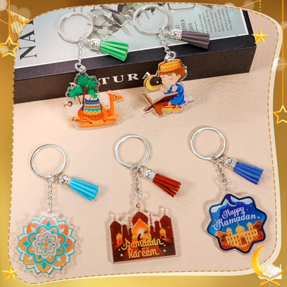 HOWAF 12pcs Eid Ramadan Keychains Set, Eid Mubarak Acrylic Keychain Making Kits with Rings and Tassels, Ramadan Mubarak DIY Craft Keyring for Muslim Celebration Gift Set