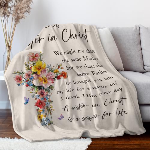 Christian Gifts for Women, Sister in Christ Floral Cross Blanket - color: Cream