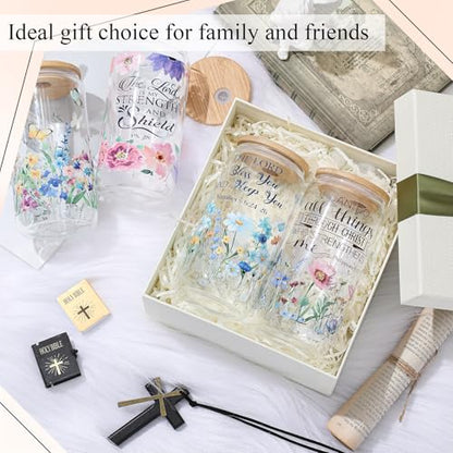 Mumufy 4 Pack Bible Verse Glass Cup, 16 oz Tumbler Mug with Bamboo Lid - style: Bible Verse