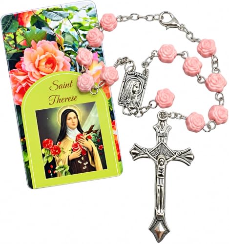 St Therese Rosary with Pink Rose Beads Metal Crucifix & USA Made Holy Card