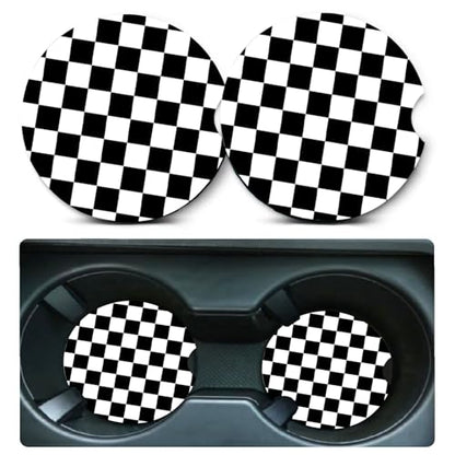 2 Pack Black and White Grid Car Cup Holder Coasters Universal Neoprene Mat - color: Buffalo Plaid