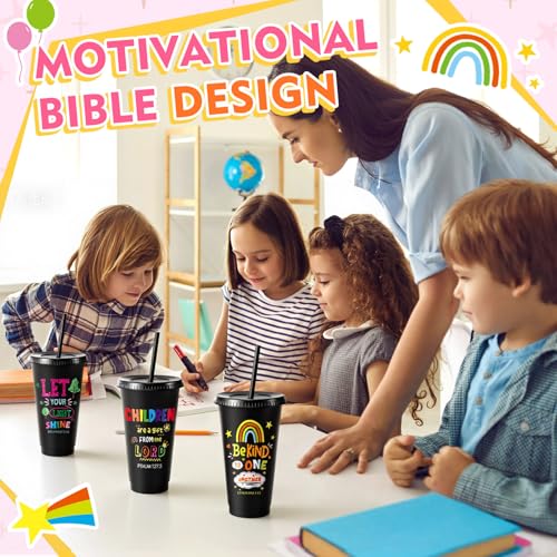 Uiifan 50 Christian Kids Cups with Lids Straws, Back to School, Black - color: Black