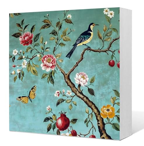 Teal Chinoiserie Floral Bird Wooden Box Sign, Cottagecore Home Decor, Vintage Elegant Oriental Blooming Flower Wood Signs for Home Bedroom Desk Table Shelf Decoration, 5x5 Inch - color: Teal Chinoiserie Floral
