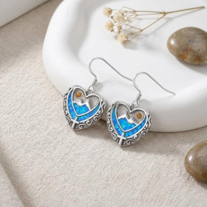 AOBOCO 925 Silver Mustard Seed Cross Heart Dangle Drop Earrings Women - color: Silver-Blue Opal