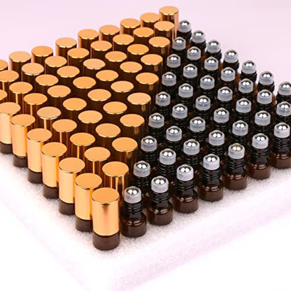 MaxMau Pack of 100,5ml Amber Glass Roller Bottles for Essential Oils Refillable Roll on Bottle with Stainless Steel Roller Balls Golden Cap For Home Travel Aromatherapy - color: Amber Roller Bottles -100 PACK