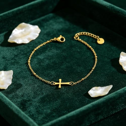 18K Gold Plated Pearl Beaded Cross Bracelets for Women Adjustable - color: Satellite Cross-Gold