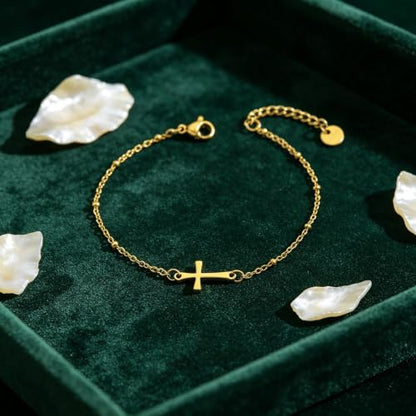 18K Gold Plated Pearl Beaded Cross Bracelets for Women Adjustable - color: Satellite Cross-Gold