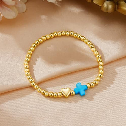 Turandoss Gold Cross Bracelet for Women Heart Beaded Bracelet Faith Jewelry - color: Turquoise Cross Bracelet