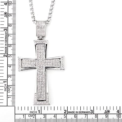 COOLSTEELANDBEYOND Mens Womens EXTRA LARGE Steel Cross Pendant Necklace with Cubic Zirconia and Wheat Chain - color: A-Metal Color: Silver
