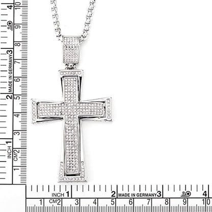 COOLSTEELANDBEYOND Mens Womens EXTRA LARGE Steel Cross Pendant Necklace with Cubic Zirconia and Wheat Chain - color: A-Metal Color: Silver