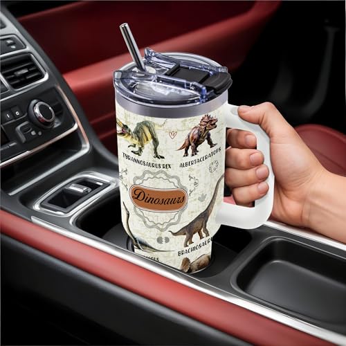 Gifts for Fathers, Dinosaur 40oz Tumbler with Handle - color: Dinosaur-White