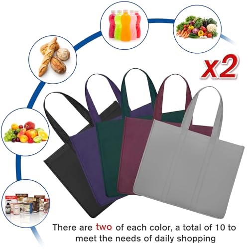 Reusable Grocery Shopping Bags 10 Pack Large Foldable Tote Bags Bulk - color: Black, Gray, Green, Purple, Claret