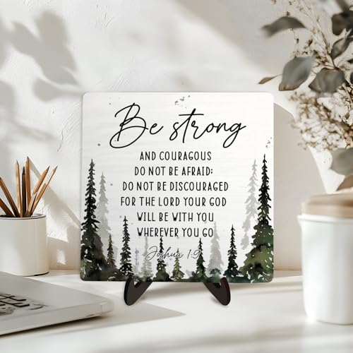Bible Verse Sign, Christian Sign, Table Art Signs,Wooden Sign Desk Decor, Positive Home Decor,Be Strong and Conrageons Wood Plaque Gift for Women&Men,5.9x5.9inch (JOSHOA 1:9 Forest)
