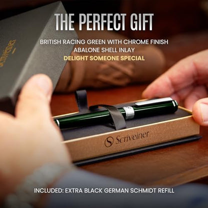 Scriveiner British Racing Green Rollerball - Stunning Luxury Pen With Chrome Finish, Schmidt Ink Refill, Best Roller Ball Pen Gift Set for Men & Women, Professional, Executive Office, Nice Pens - color: 12. British Racing Green with Chrome