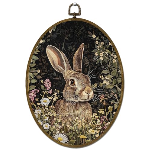 LLOKARNORA Easter Vintage Rabbit Bunny Oval Canvas Wall Art, Moody Academia Bunny Framed Wall Art Decor, Easter Cottagecore Floral Prints Hanging Decor for Farmhouse Bedroom, 8.7x11.3 In - color: bunny