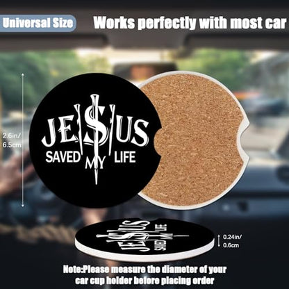 Christian Religion Cup Holders Car Coasters - Jesus Saved My Life Absorbent Ceramic Coaster, Drink Cup Holder Coasters, Auto Accessories for Women & Men, Pack of 2 - color: Jesus Saved My Life