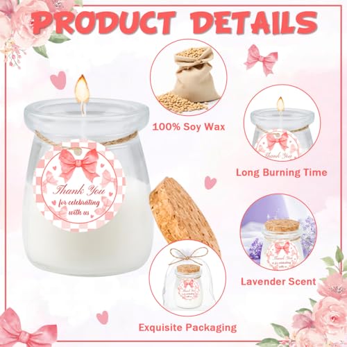 24Pcs Baby Shower Candle Party Favors Lavender Scented Glass Jars Wax Candle Bulk with Thank You Cards Organza Bags for Guests Boy Girl Birthday Gender Reveal Gift Souvenirs (Pink Bow, 24) - style: Pink Bow
