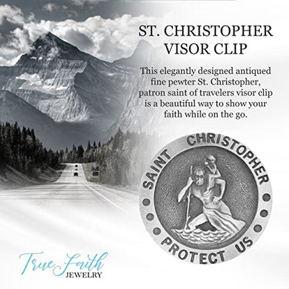 True Faith Jewelry Round Pewter St Christopher Medal Visor Clip for Car, Patron Saint of Travelers, Gift for New Driver, Fine Pewter (92% Tin), 1-1/2 x 1-1/2 Inch - size: St. Christopher (Round) 1