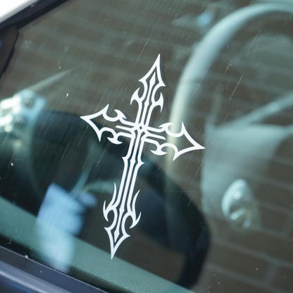 Gothic Cross Sticker 5x3.6" - Car Sticker Vinyl Decal | Free Sticker in Every Order! | Windows Laptops Etc (Gloss White) - color: Gloss White