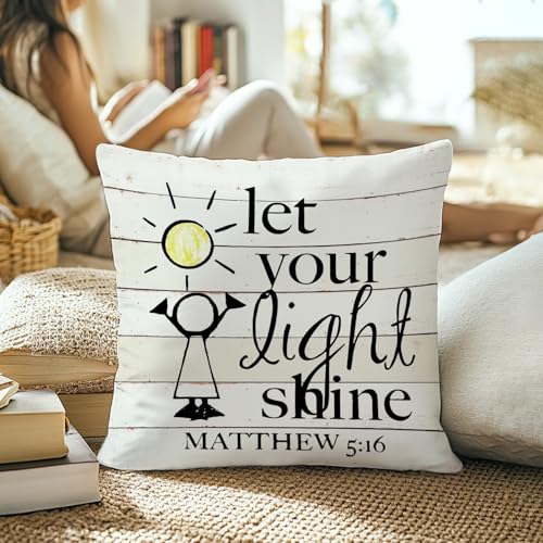 Bible Verse Pillow Covers 18x18, Inspirational Let Your Light Shine Decorative Throw Pillow Covers for Garden Yard Living Room Farmhouse Coffee Bar Office Decor