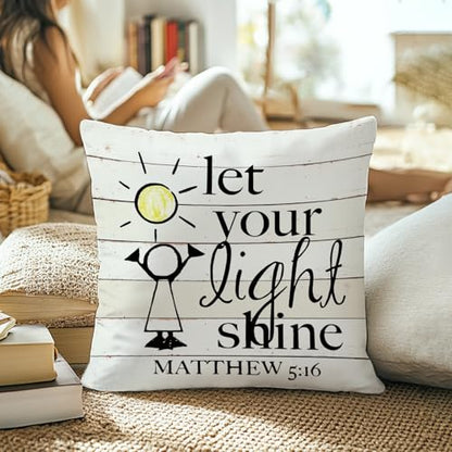 Bible Verse Pillow Covers 18x18, Inspirational Let Your Light Shine Decorative Throw Pillow Covers for Garden Yard Living Room Farmhouse Coffee Bar Office Decor