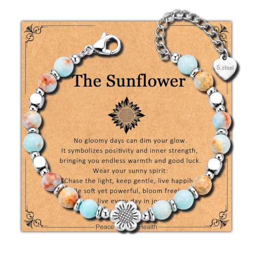 Bracelet for Women Natural Stone Beaded, Stainless Steel Charms, Adjustable - color: 10-Sunflower