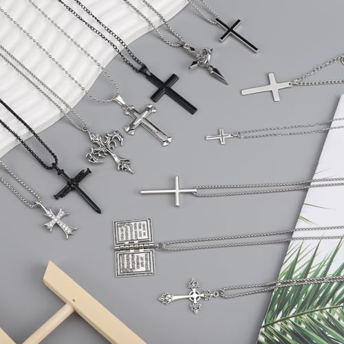 ywevyezc 12/24PCS Cross Necklace for Men, Mens Necklaces Jewelry Set Silver Chain Stainless Steel Cross Pendant Goth Necklace for Boys 16-24 inches Chain - style: 12pcs Men's Necklace