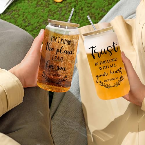 AGH Christian Gift for Women, 16oz Glass Tumbler with Lid and Straw- Inspirational Religious Gift with Prayer Quotes, Iced Coffee Cup for Birthdays, Baptism, Christmas, or Daily Encouragement