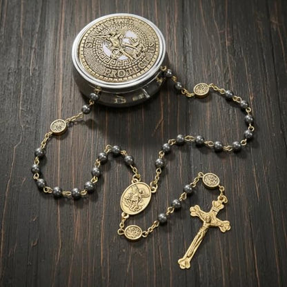 Nazareth Store St Michael Rosary Hematite Stone Beads Necklace Metal Beaded Glory Beads Archangel Medal & Cross with Metal Gift Box - color: Black, yellow