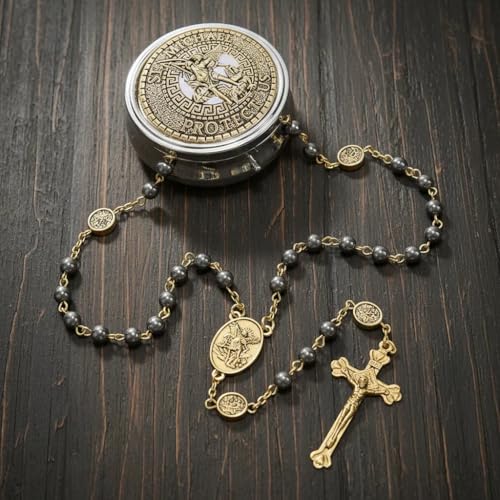 Nazareth Store St Michael Rosary Hematite Stone Beads Necklace Metal Beaded Glory Beads Archangel Medal & Cross with Metal Gift Box - color: Black, yellow