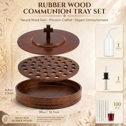 Zhehao 1 Set Wood Communion Tray Set for Church Holy Serving Tray with Lid Elegant 40 Cup Holders and 100 Disposable Communion Cups for Worship Service(Rubber Wood Style) - style: Rubber Wood Style