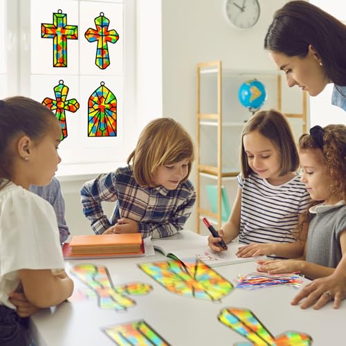Lonfliness 32 Set Cross Suncatchers Craft DIY Religious VBS Window Stain Glass Effect Paper Christian Home Sunday Easter Decorations Art Craft Creative Activity Project Gift Favor - style: Cross