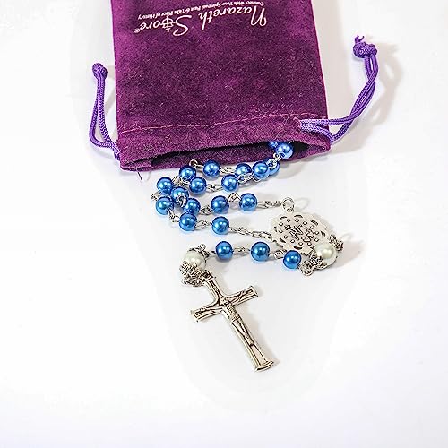 Nazareth Store Pearl Beads Rosary White Our Father Beaded Necklace Lourdes Medal & Cross Crucifix Spiritual Devotion - color: Blue